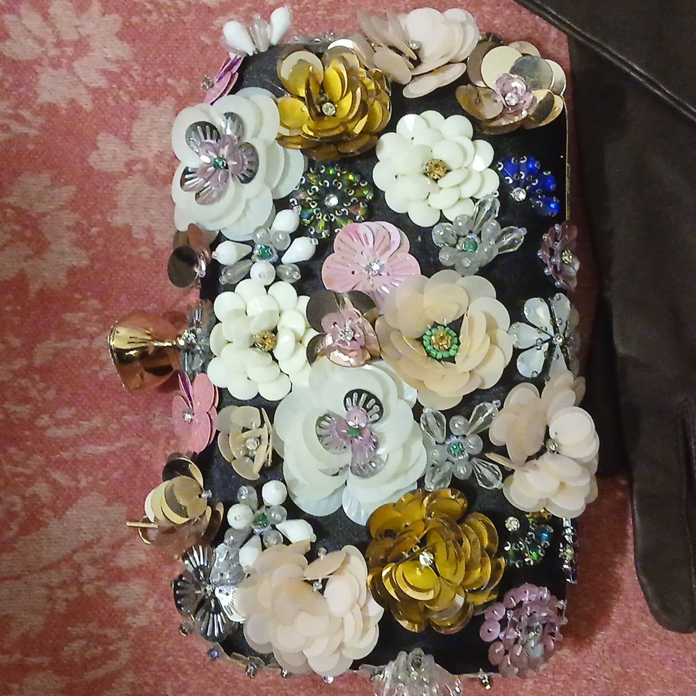 Bebe Black Floral Embellished Clutch